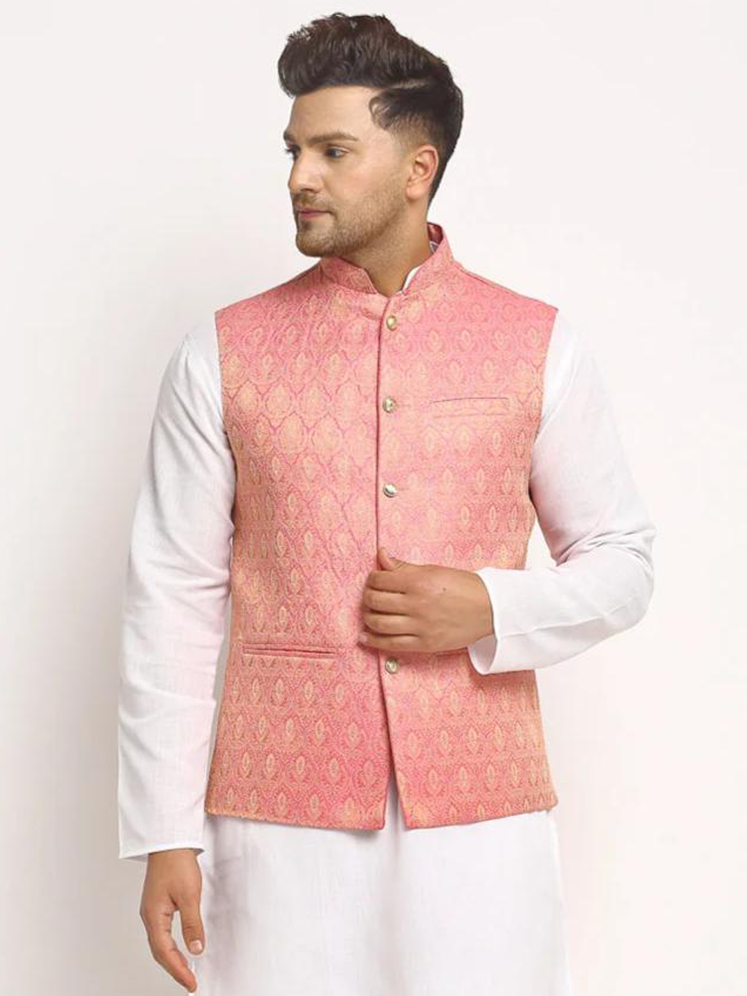 New Designer Men Pink Brocade Nehru Jacket With Golden Work By Treemoda