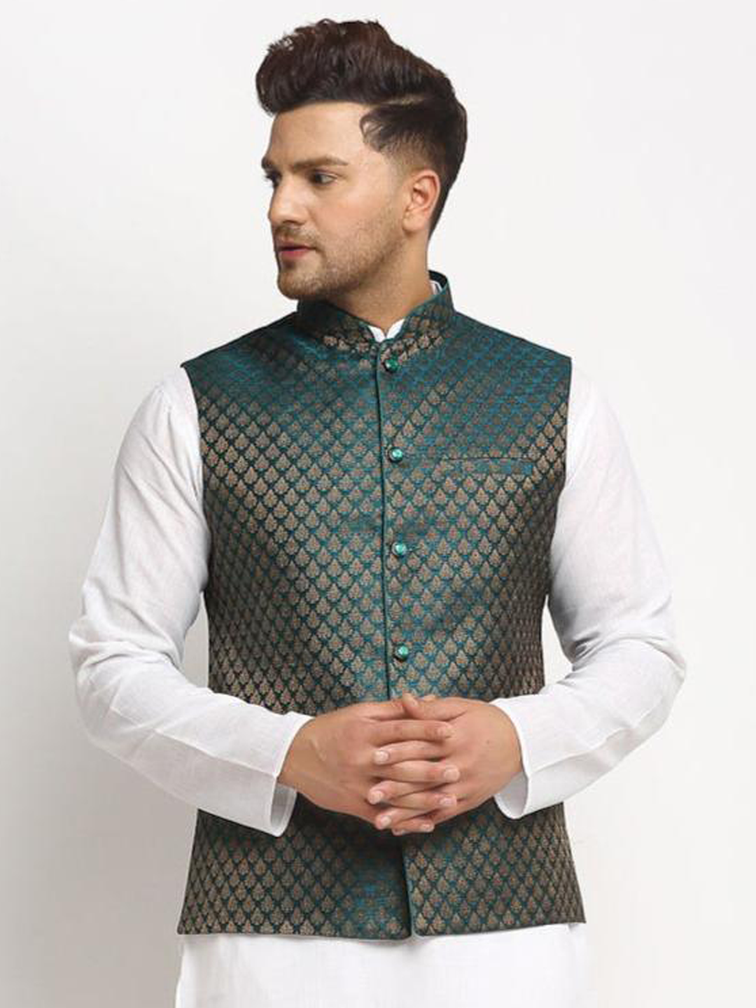 New Designer Men Dark Green Brocade Nehru Jacket With Golden Work By Treemoda