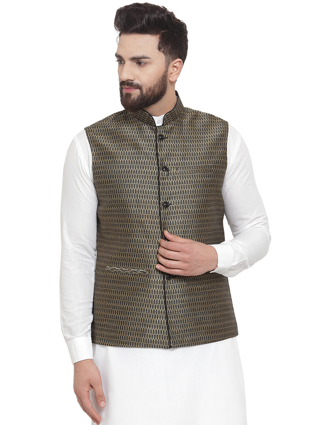 Treemoda New Designer Men Black And Golden Brocade Nehru Jacket For Men