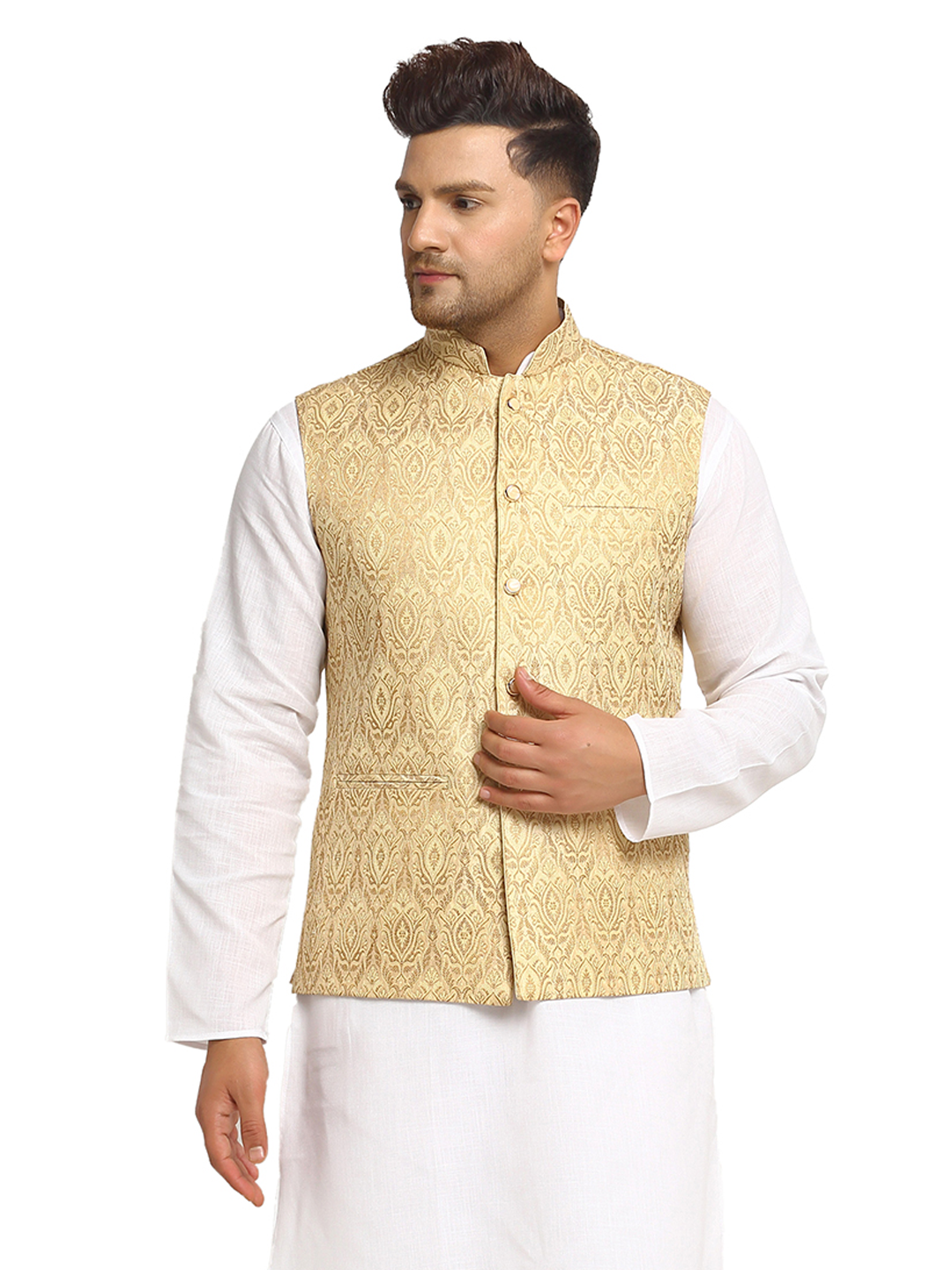 New Designer Men Light Golden Brocade Nehru Jacket With Golden Work By Treemoda