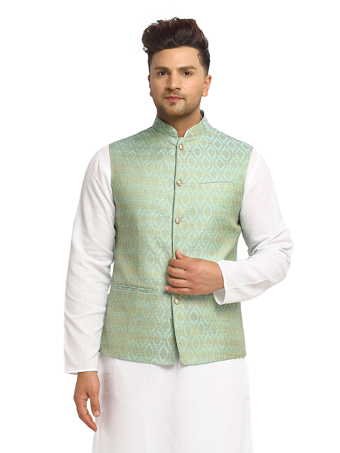 New Designer Men Turquoise Green Brocade Nehru Jacket With Golden Work By Treemoda