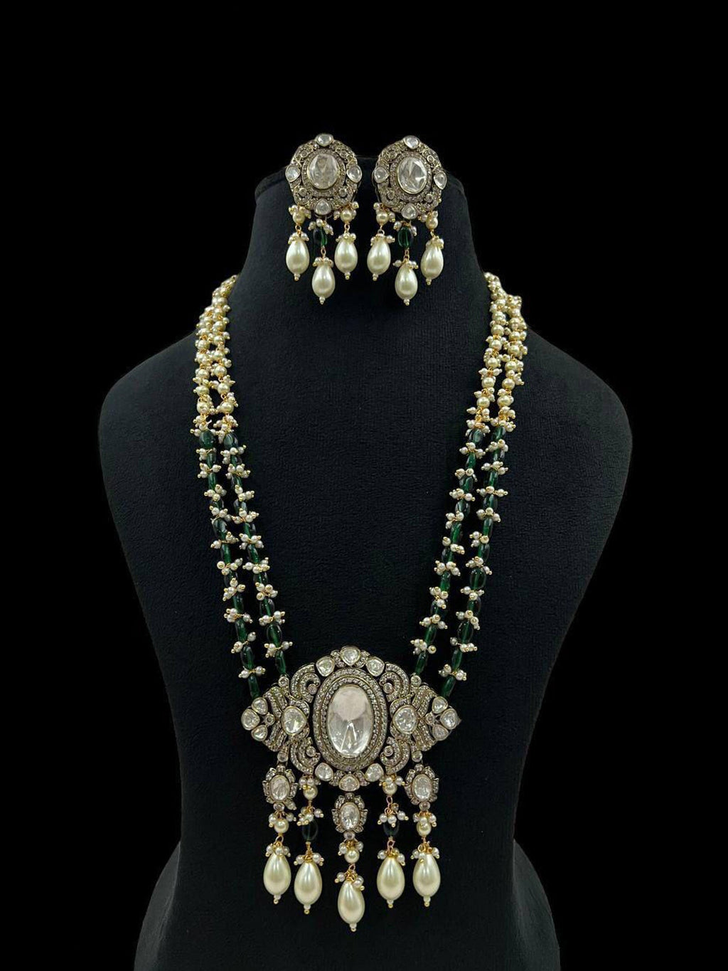 Regal Moissanite Polki Long Necklace Set with Pearl & Green Bead Detailing
