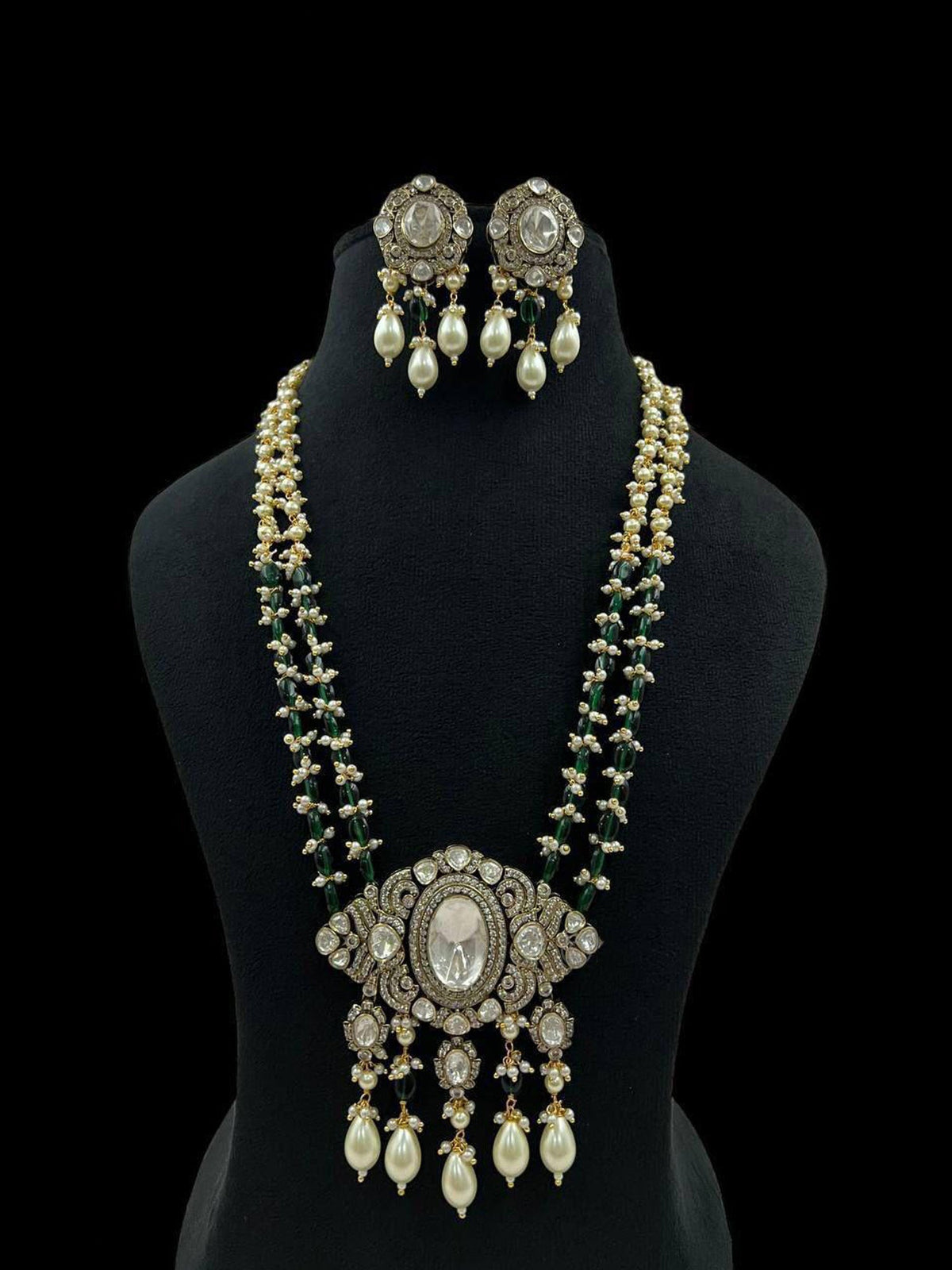 Regal Moissanite Polki Long Necklace Set with Pearl & Green Bead Detailing