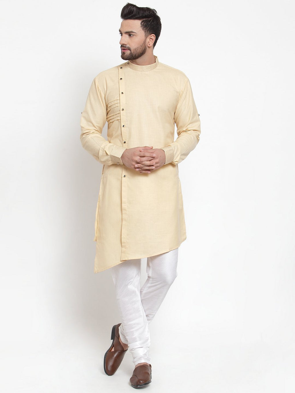 Designer Beige Kurta With Churidar Pajama Set in Linen For Men by Treemoda