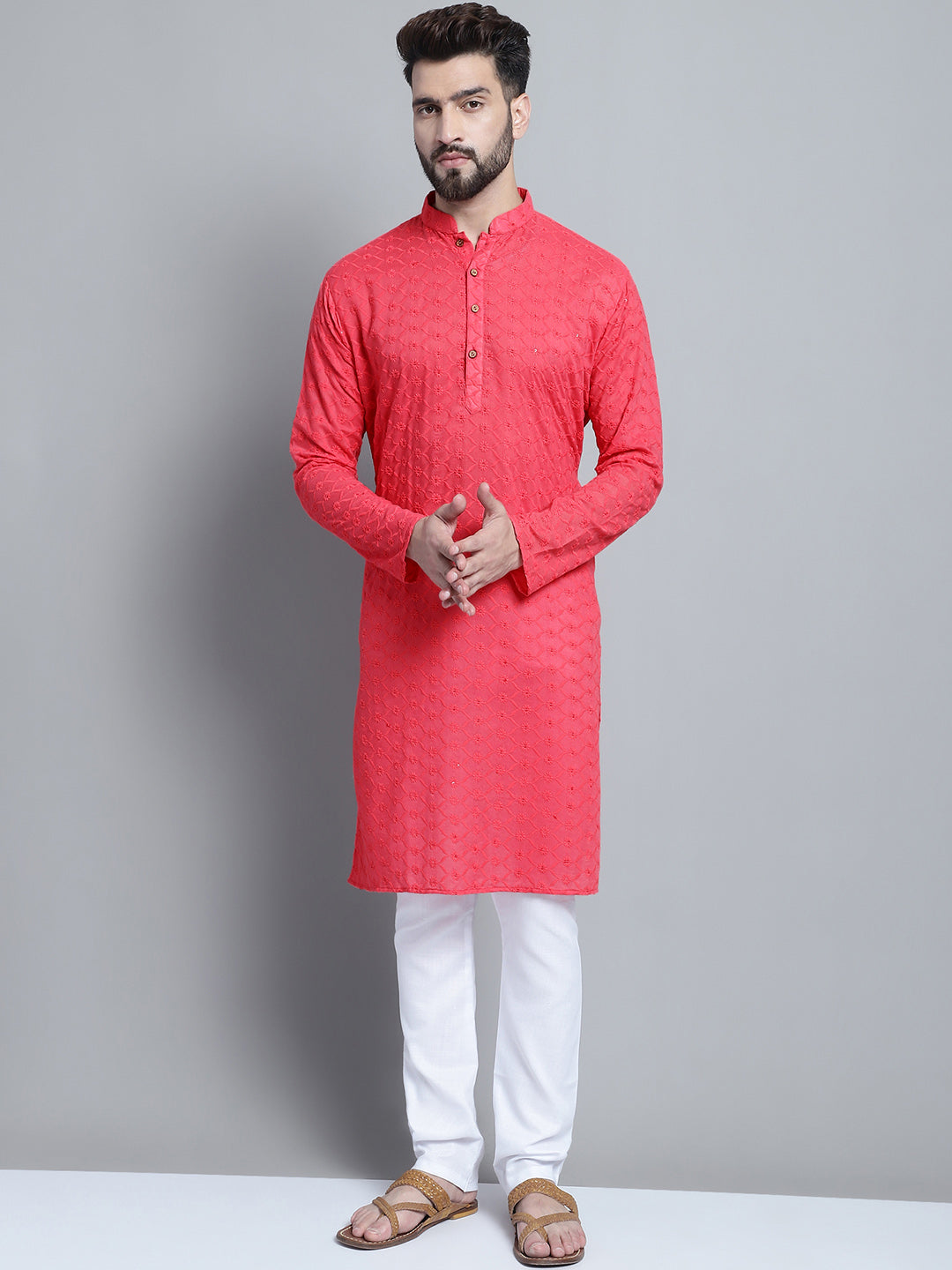 Carrot Red Chikankari Embroidery Cotton Kurta Pajama by Treemoda