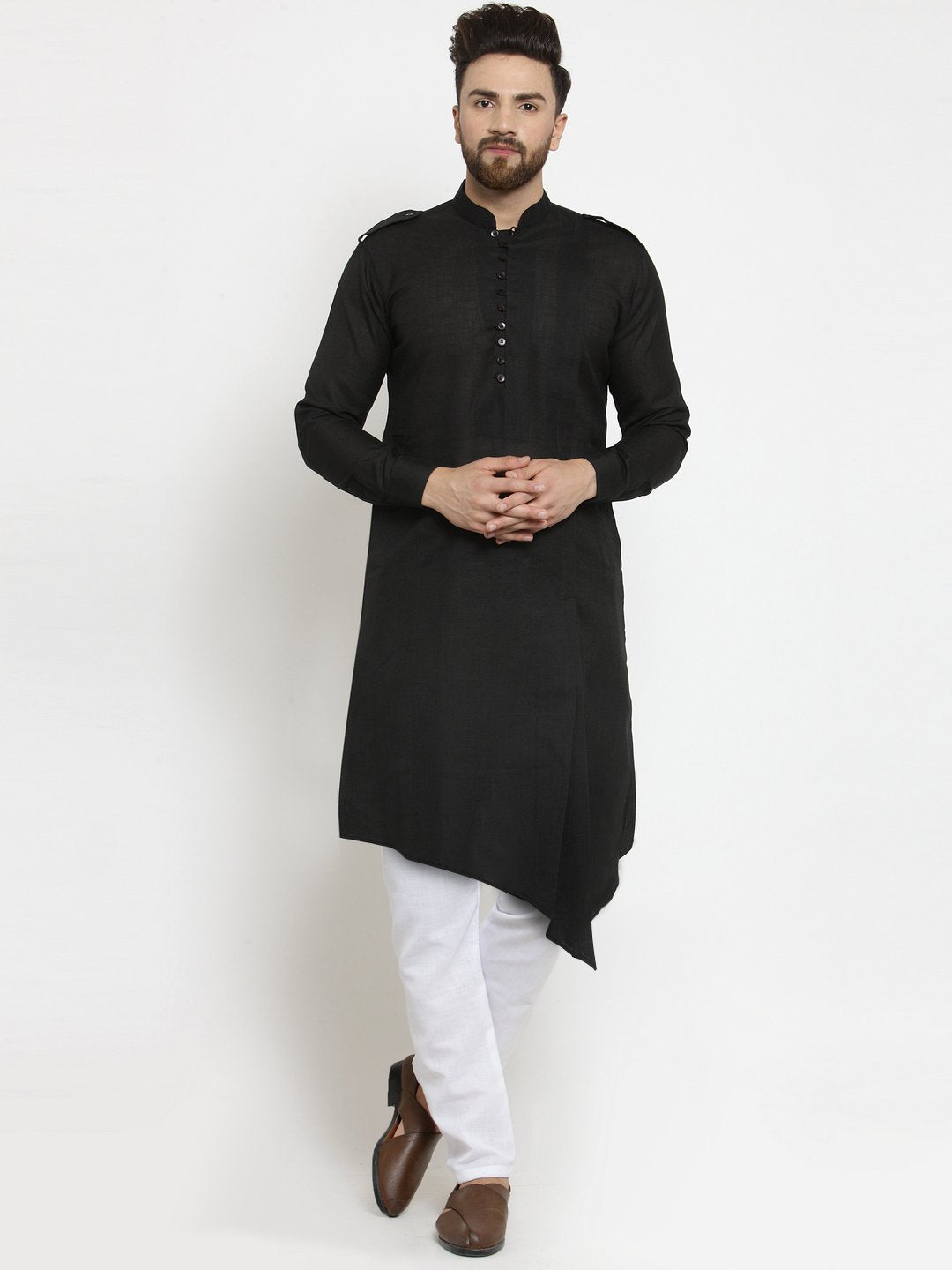 Black Kurta With Aligarh Pajama Set in Linen For Men by Treemoda