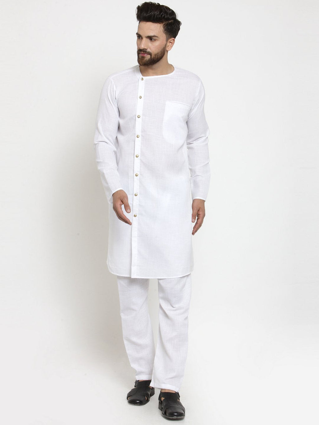 White Kurta With Aligarh Pajama Set in Linen For Men by Treemoda
