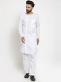 White Kurta With Aligarh Pajama Set in Linen For Men by Treemoda