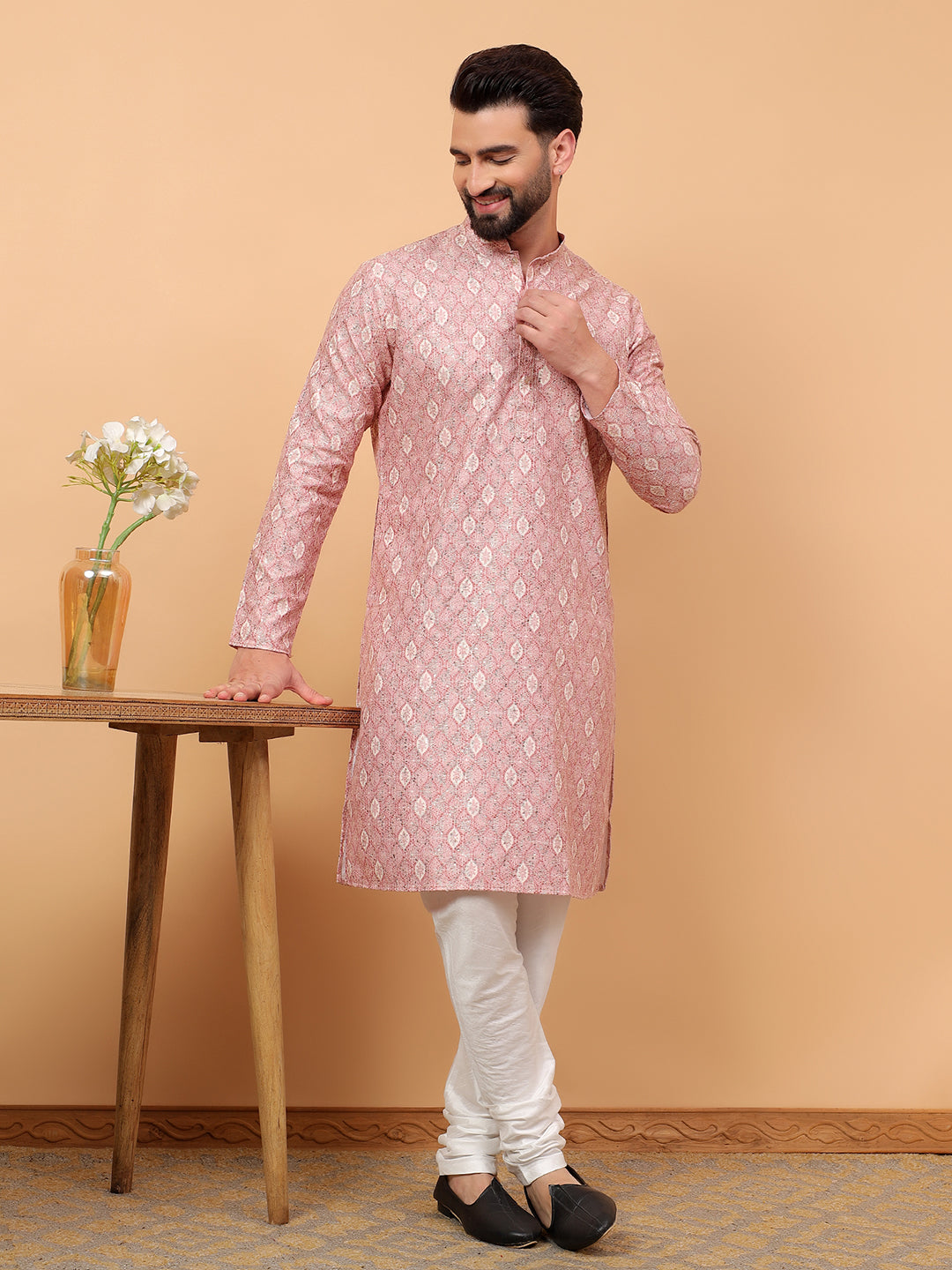 Traditional  Ethnic Wear  Printed  Art Silk Full Sleeve Straight  Regular Fit  Pink Kurta Pyjama Set  For Men