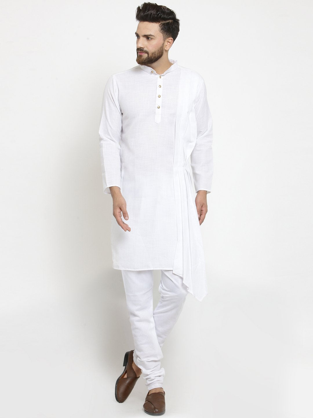 White Kurta With Churidar Pajama Set in Linen For Men by Treemoda