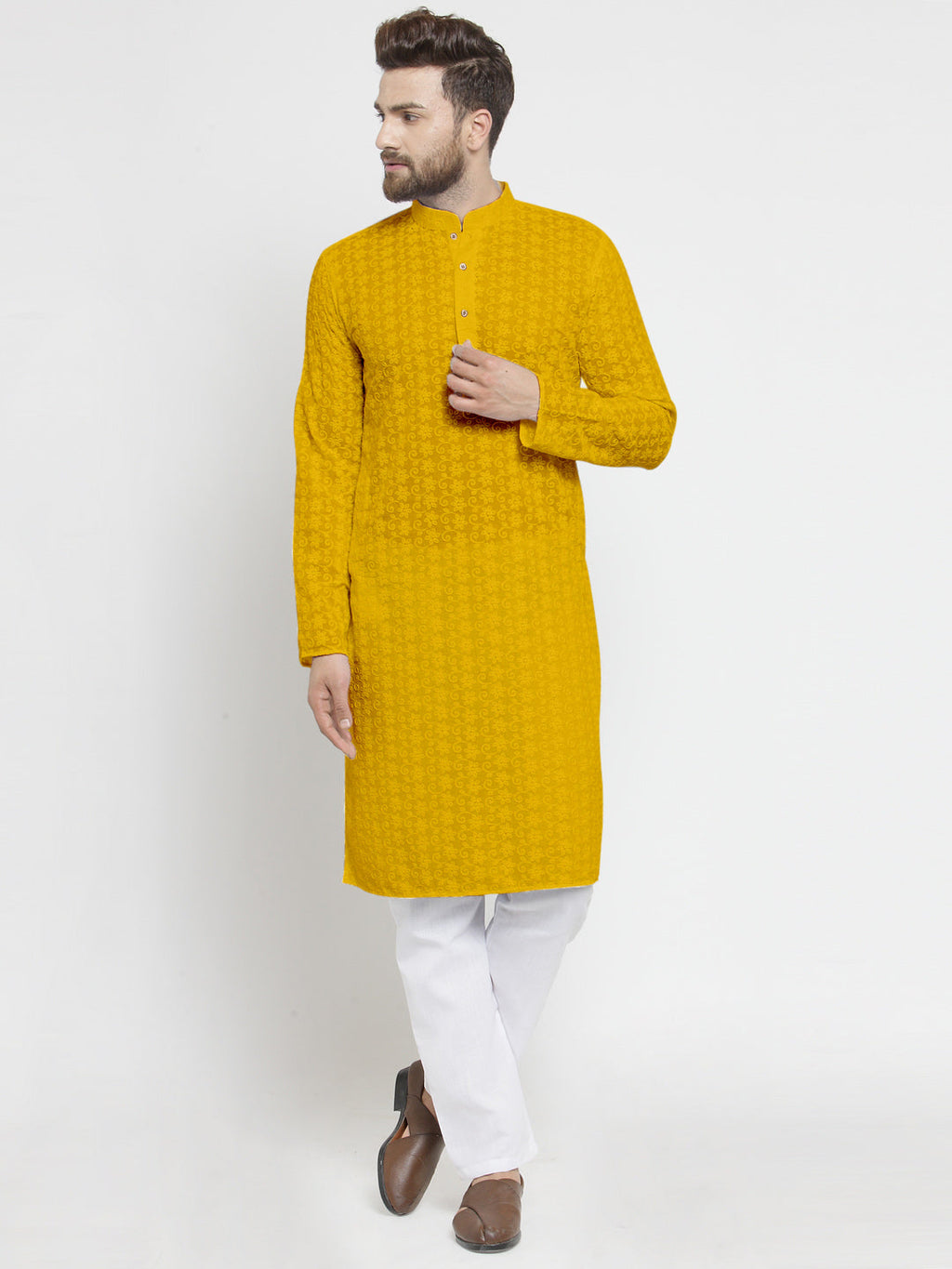 Mustard Yellow Chikankari Lucknowi Jaal Embroidered Kurta with Aligarh Pajama For Men  by Treemoda