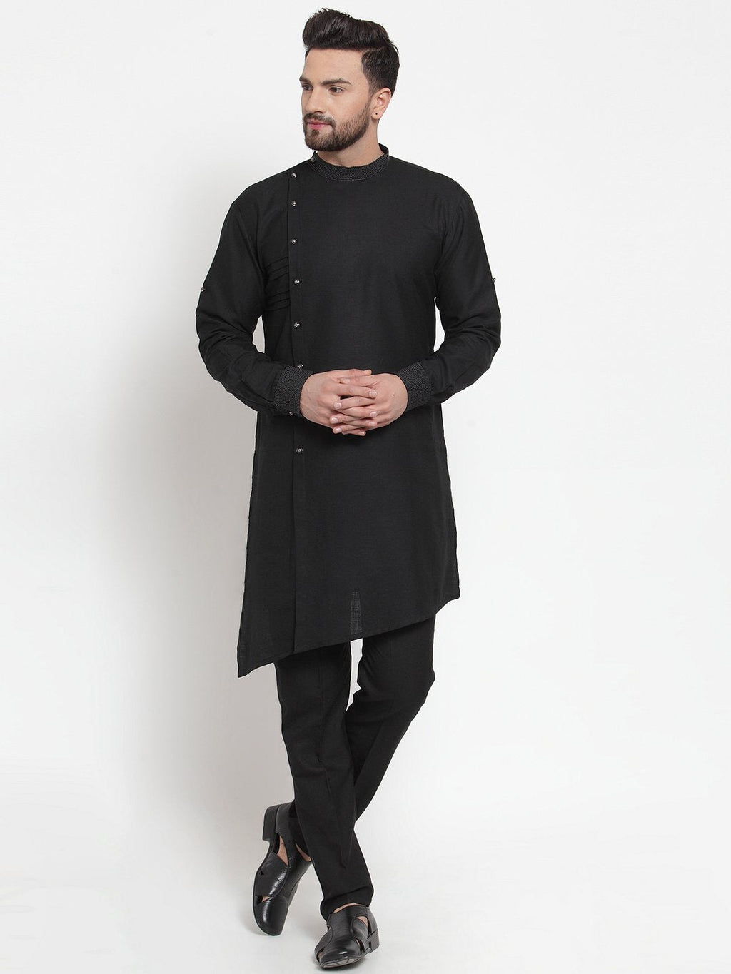 Designer Black Kurta With Aligarh Pajama Set in Linen For Men by Treemoda