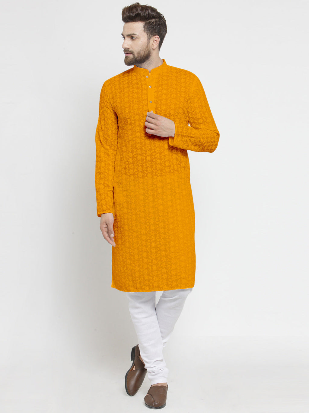Mustard Yellow Cotton Chikankari Lucknowi Jaal Embroidered Kurta with Churidar Pajama For Men by Treemoda