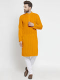 Mustard Yellow Cotton Chikankari Lucknowi Jaal Embroidered Kurta with Churidar Pajama For Men by Treemoda
