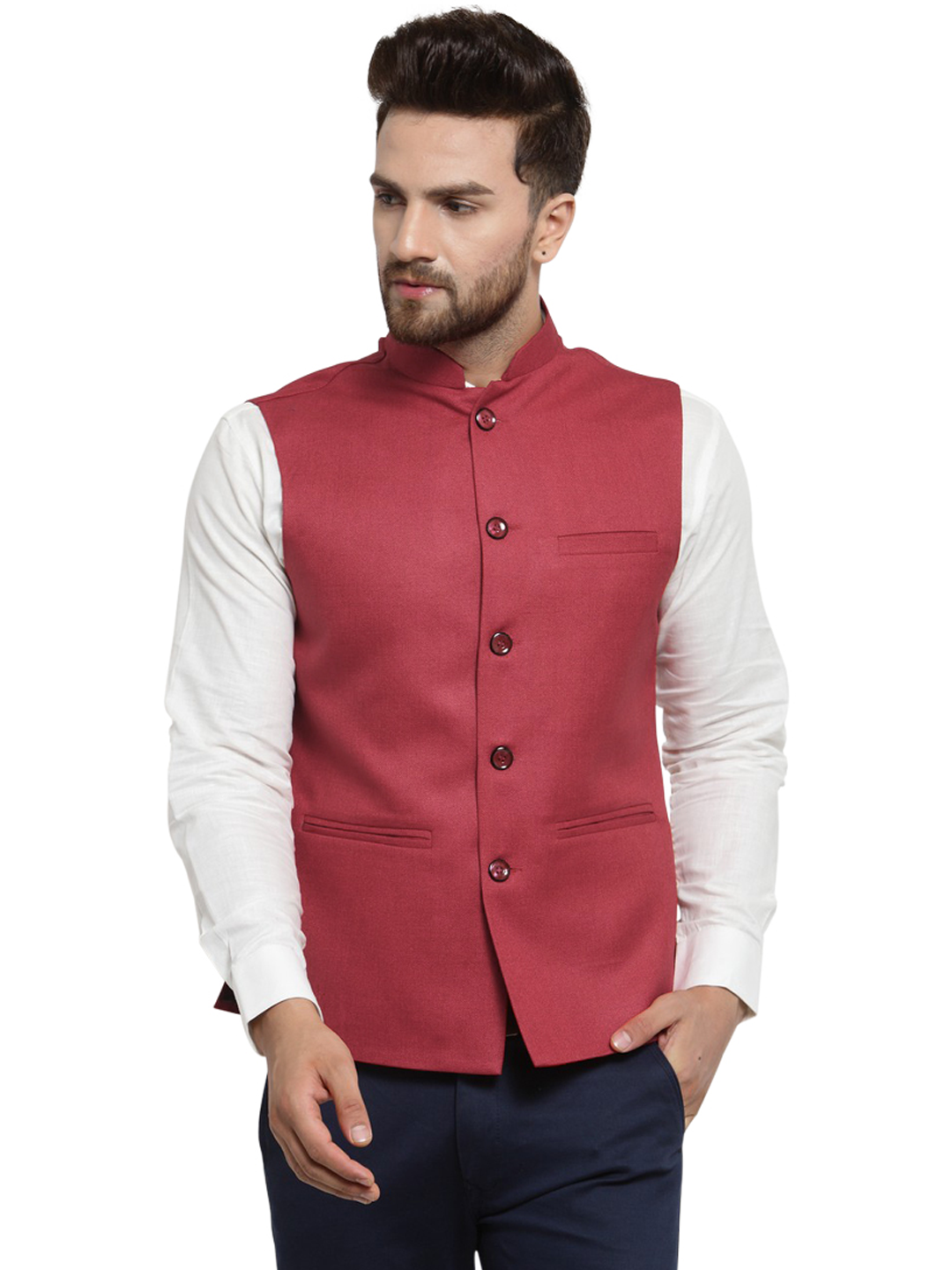Treemoda Cherry Red Nehru jacket For Men Stylish Latest Design Suitable for Ethnic Wear/Wedding Wear/ Formal Wear/Casual Wear