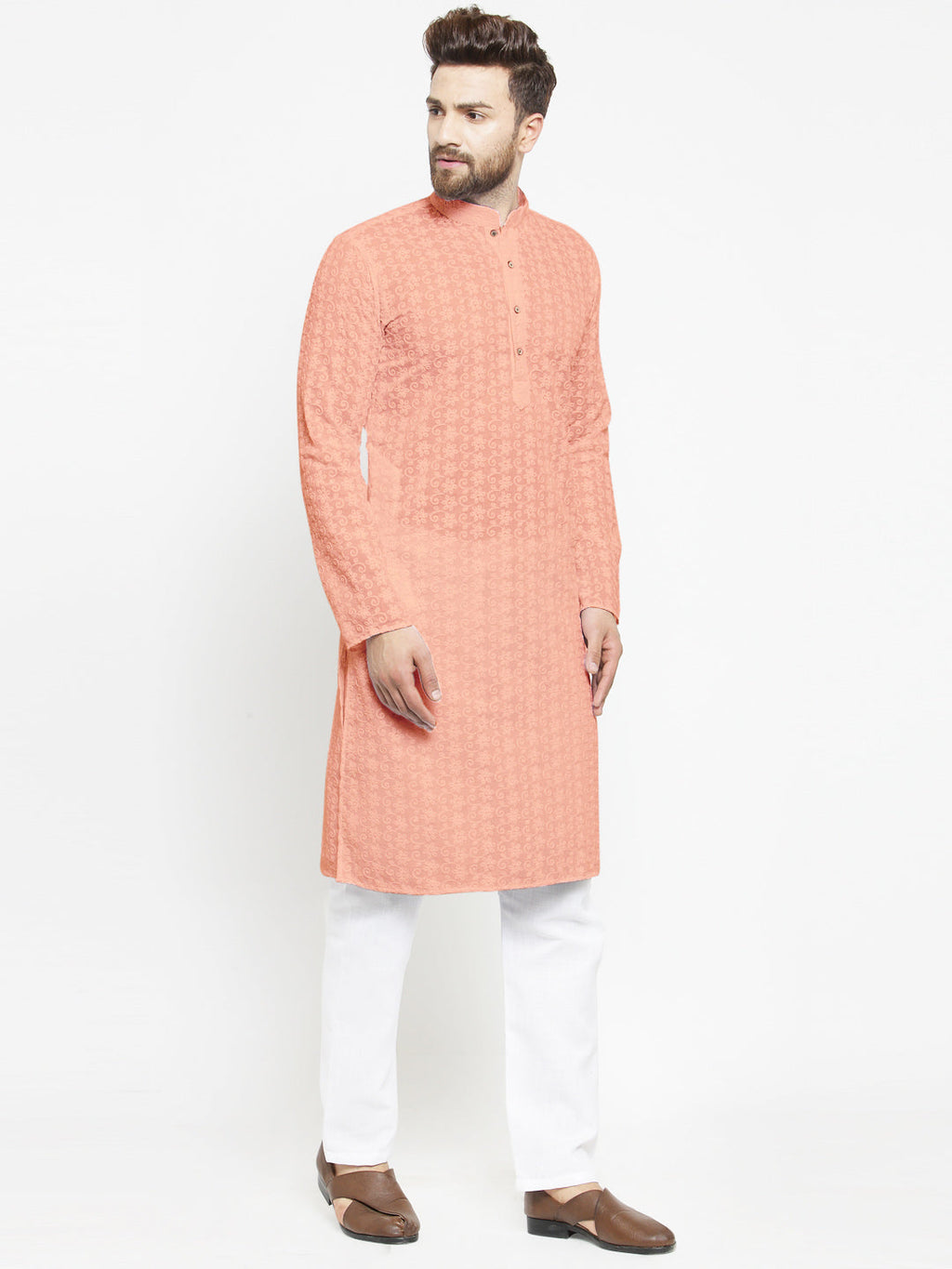 Salmon Pink Chikankari Lucknowi Jaal Embroidered Kurta with Aligarh Pajama by Treemoda