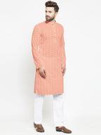 Salmon Pink Chikankari Lucknowi Jaal Embroidered Kurta with Aligarh Pajama by Treemoda