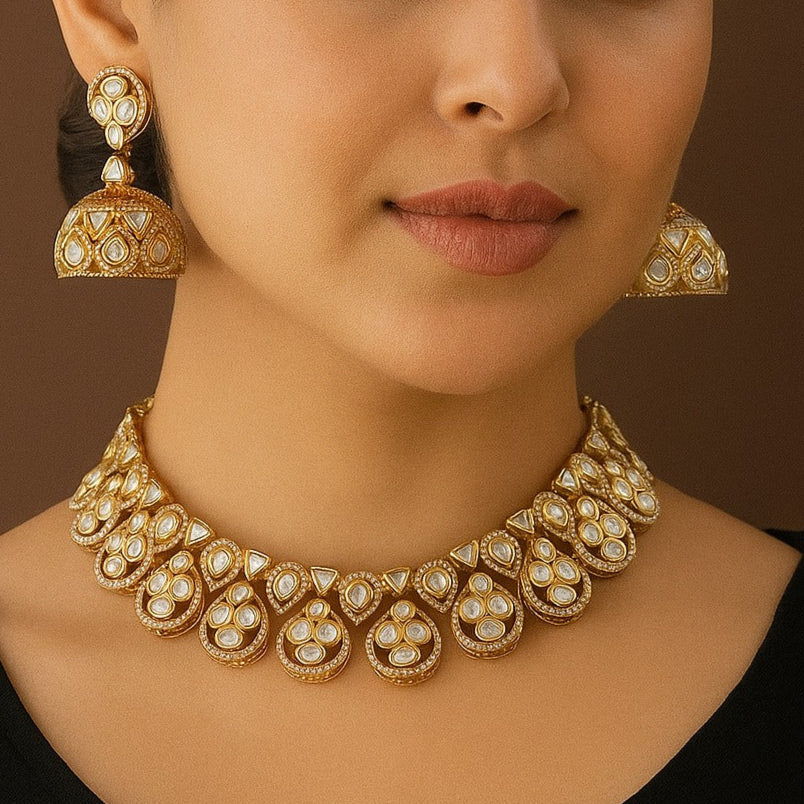 Premium Moissanite Polki Necklace with Intricate Jhumka Earrings