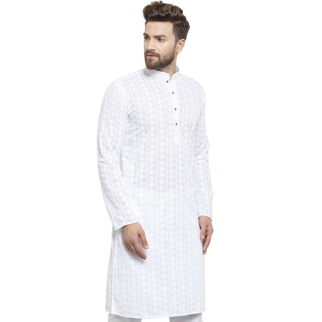 White Cotton Chikankari Lucknowi Jaal Embroidered Kurta By Treemoda
