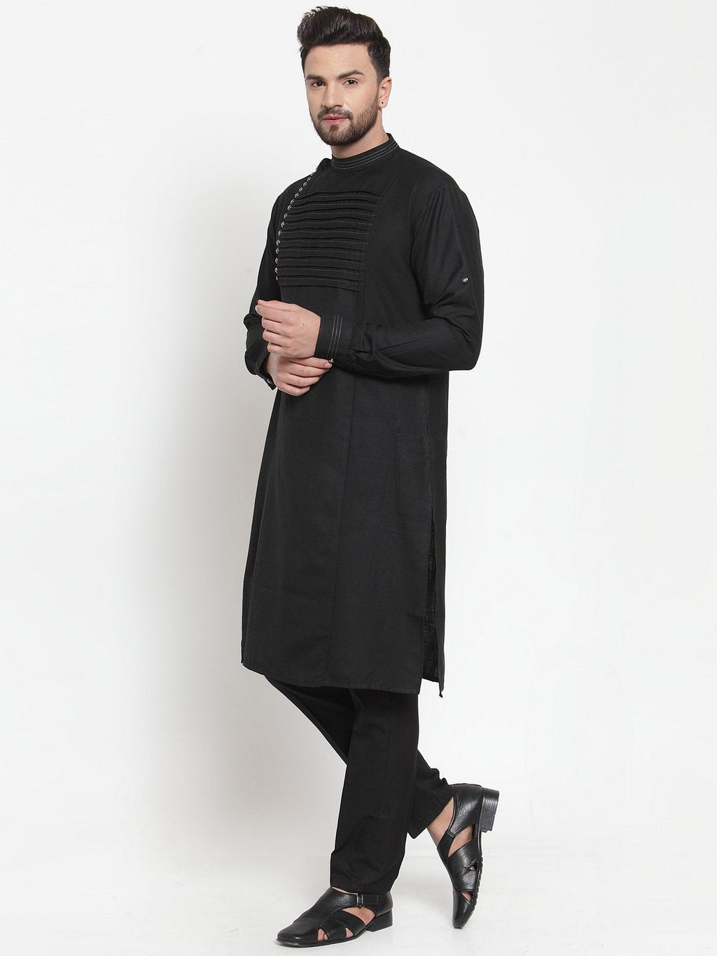 Designer Black Kurta With Aligarh Pajama Set in Linen For Men by Treemoda