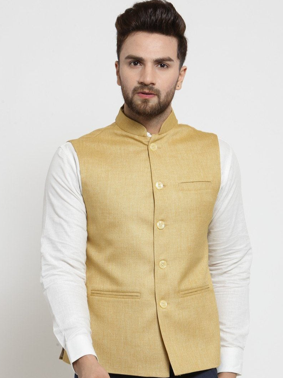 Men Mustard Yellow Solid Nehru Jacket By Treemoda