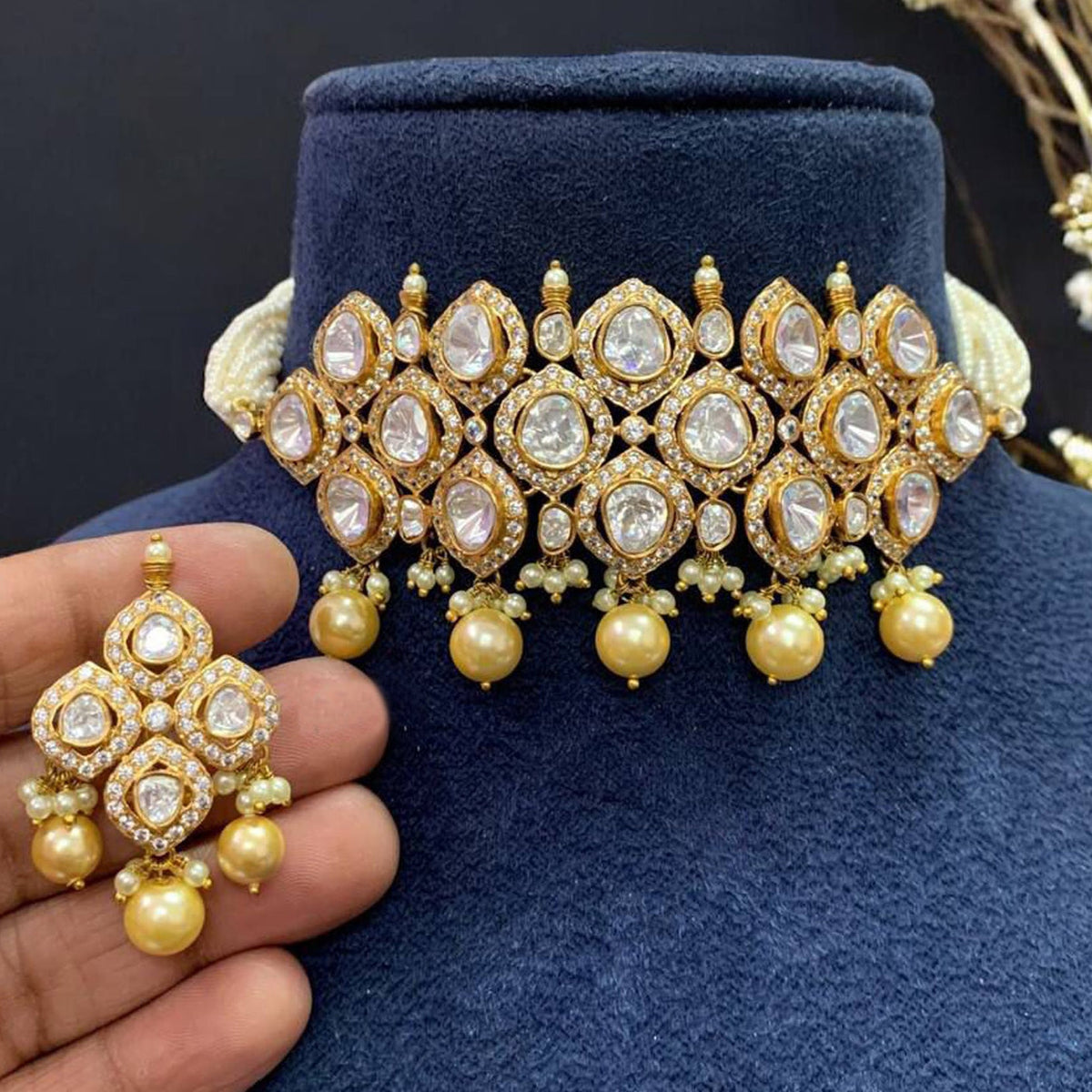 Elegant Kundan Pearl Choker Necklace Set with Matching Earrings