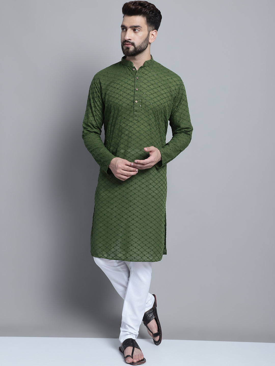 Green Chikankari Embroidery Cotton Kurta Pajama Set by Treemoda
