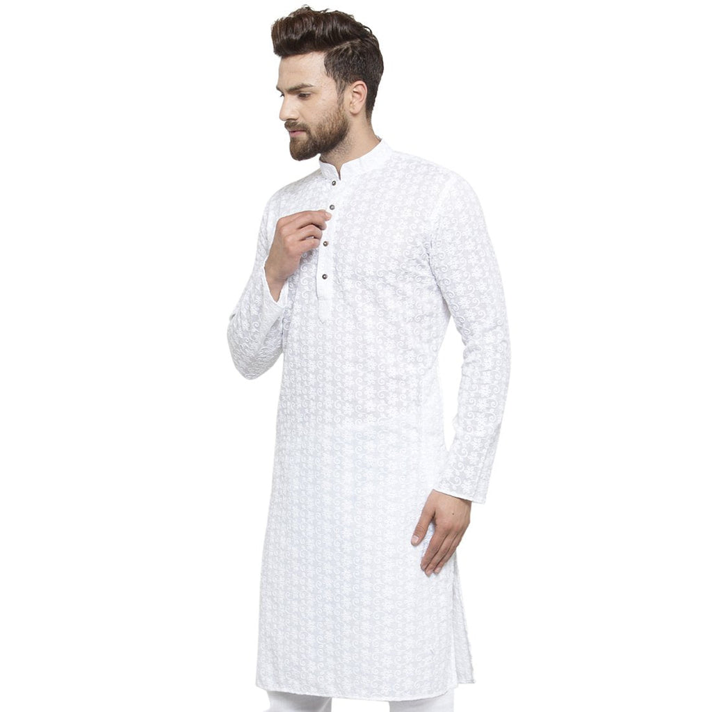 White Cotton Chikankari Lucknowi Jaal Embroidered Kurta By Treemoda
