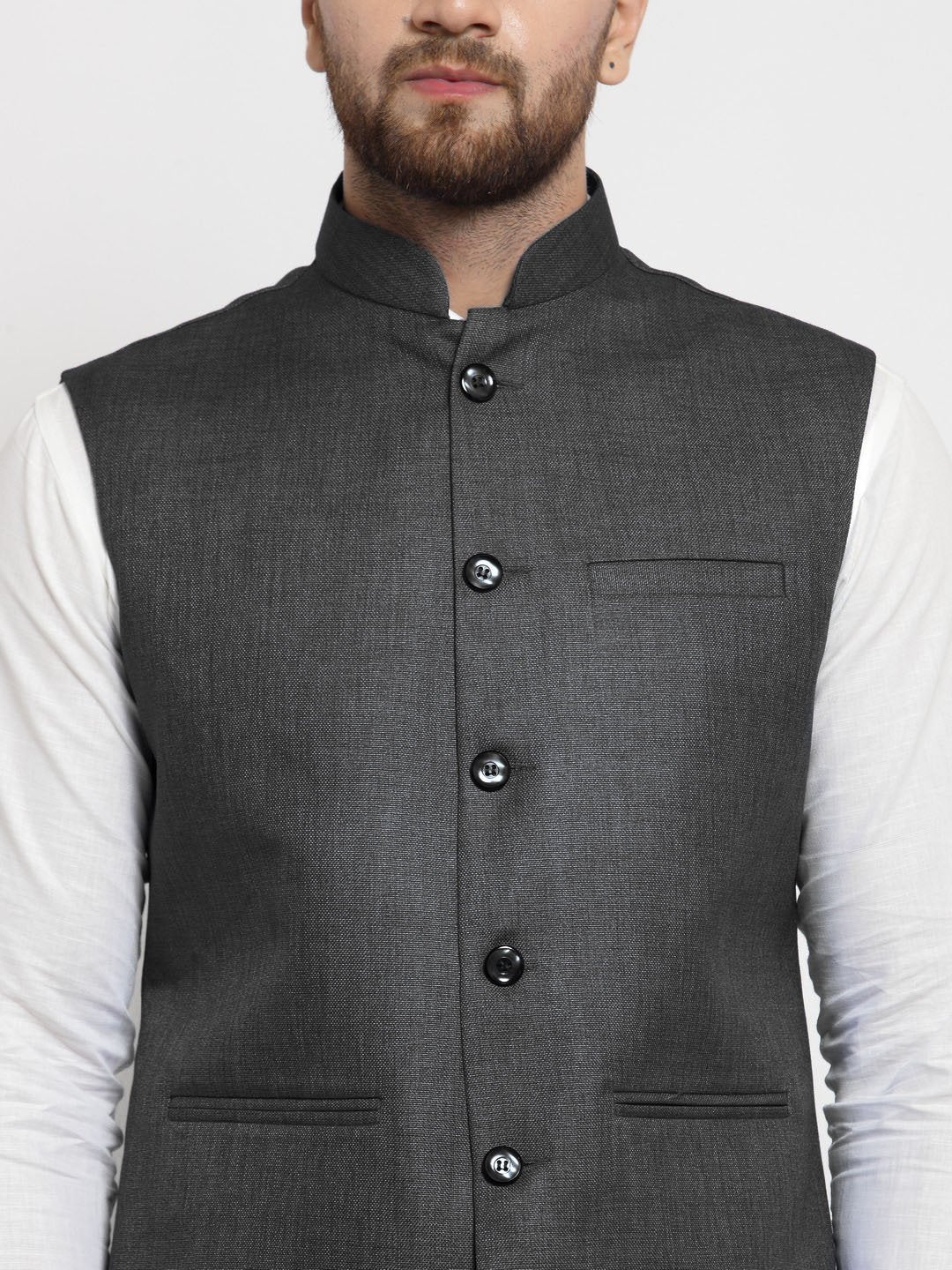 Men Grey Solid Nehru Jacket By Treemoda