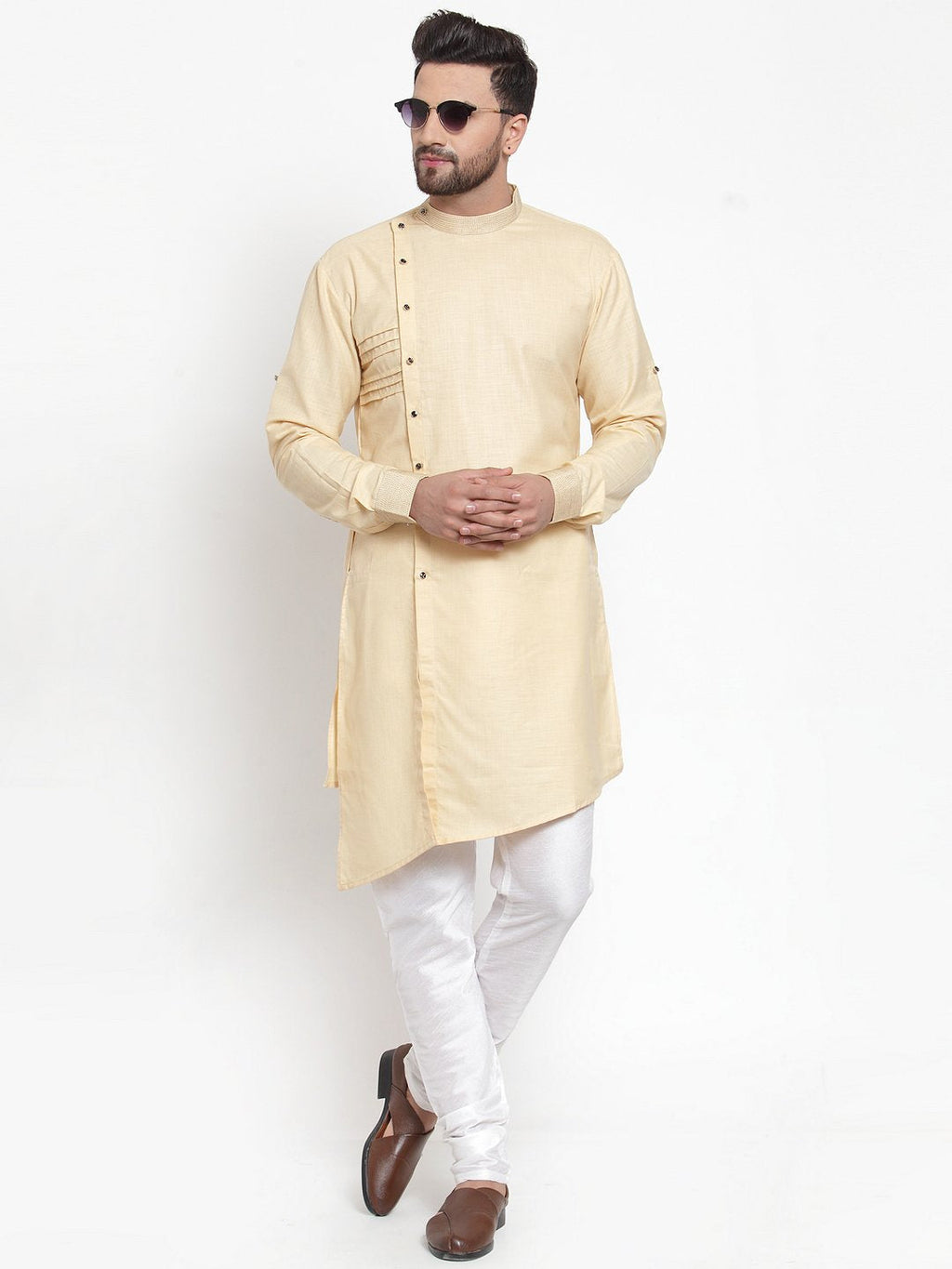 Designer Beige Kurta With Churidar Pajama Set in Linen For Men by Treemoda