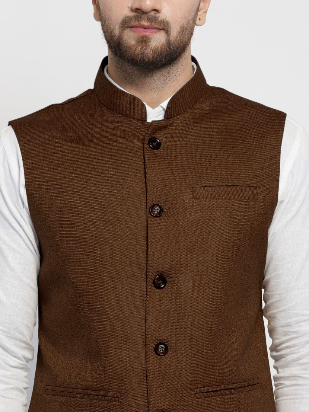 Men Caramel Solid Nehru Jacket By Treemoda