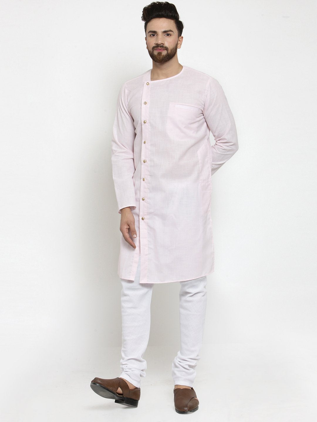 Pink Kurta With Churidar Pajama Set in Linen For Men by Treemoda
