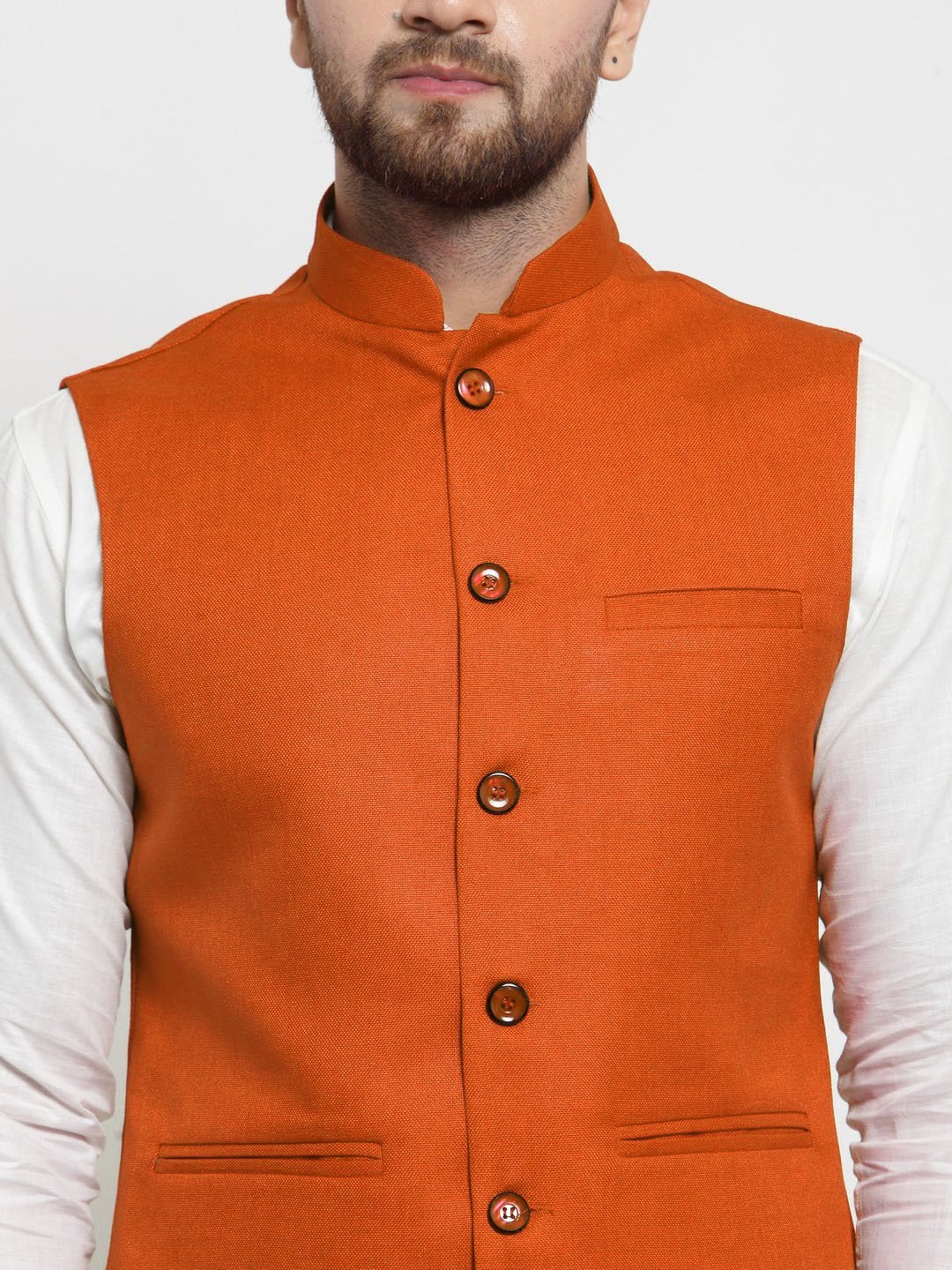 Men Orange Solid Nehru Jacket By Treemoda