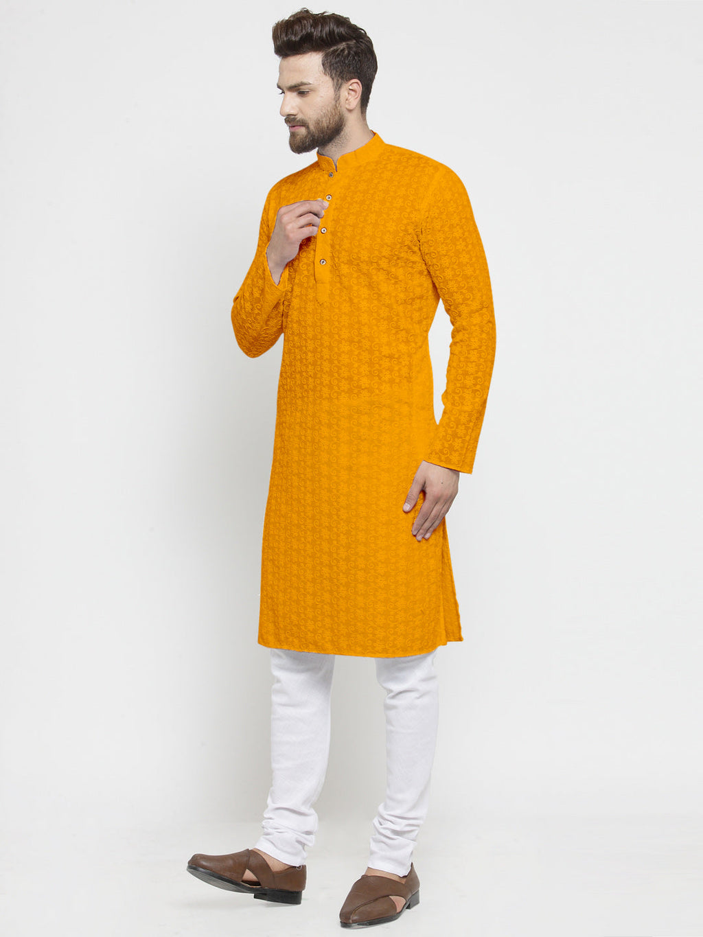 Mustard Yellow Cotton Chikankari Lucknowi Jaal Embroidered Kurta with Churidar Pajama For Men by Treemoda