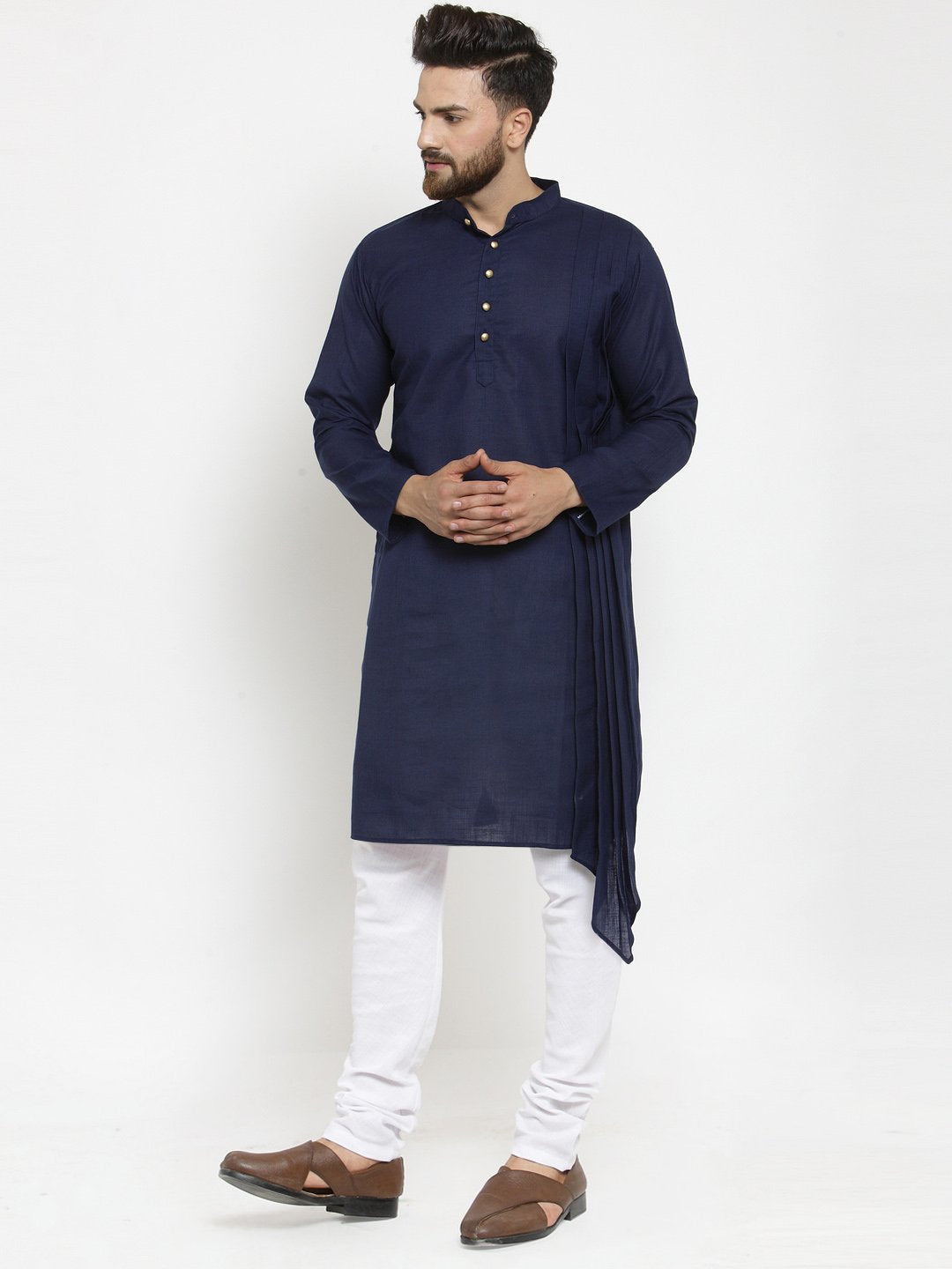 Navy Blue Kurta With Churidar Pajama Set in Linen For Men by Treemoda