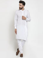 White Kurta with Churidar Pajama Set in Linen For Men by Treemoda