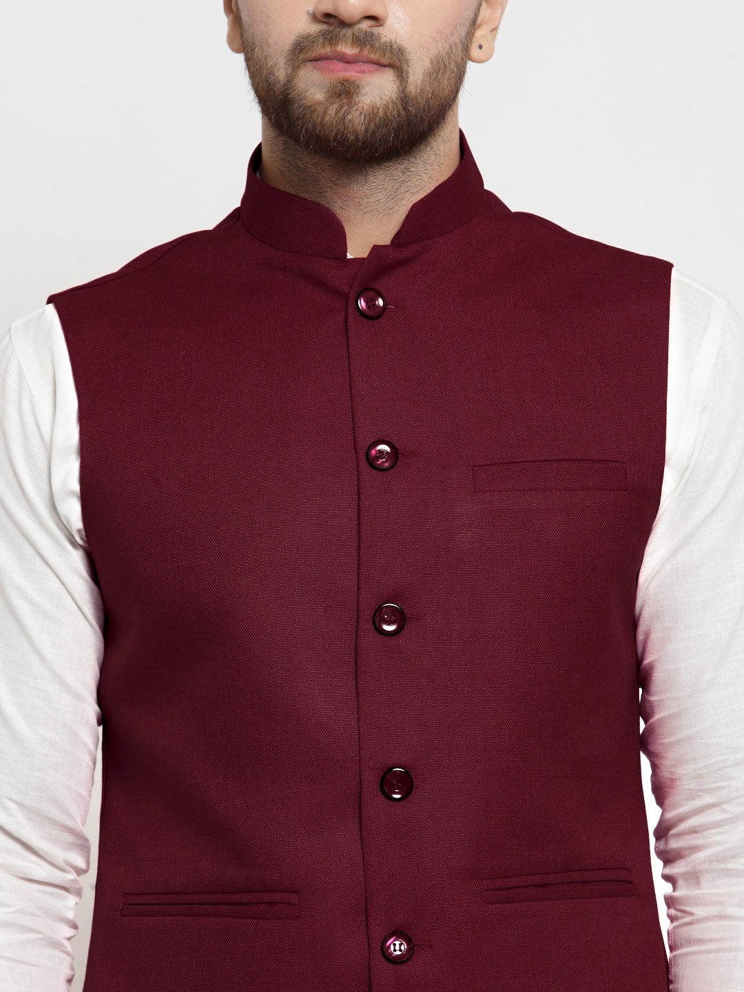 Men Maroon Solid Nehru Jacket By Treemoda