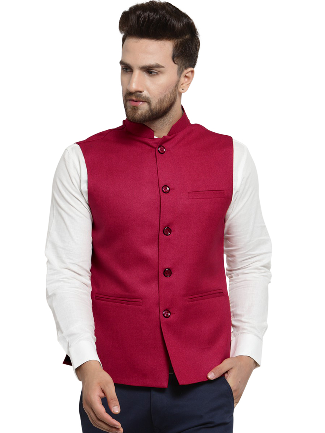 Treemoda Cherry Red Nehru jacket For Men Stylish Latest Design Suitable for Ethnic Wear/Wedding Wear/ Formal Wear/Casual Wear