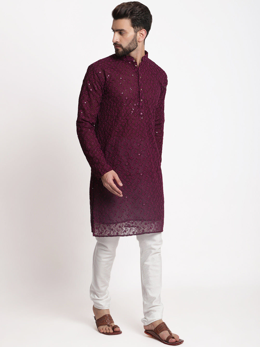 Wine Chikankari Floral Embroidery Kurta With Churidar Pajama by Treemoda