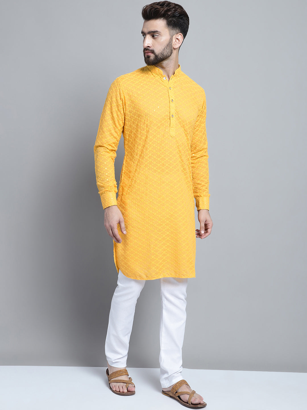 Yellow Chikankari Embroidery Cotton Kurta Pajama Set by Treemoda
