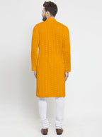 Mustard Yellow Cotton Chikankari Lucknowi Jaal Embroidered Kurta with Churidar Pajama For Men by Treemoda