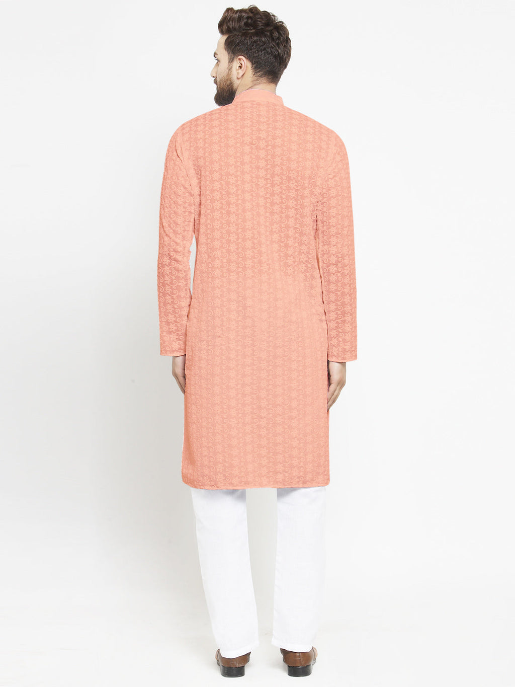 Salmon Pink Chikankari Lucknowi Jaal Embroidered Kurta with Aligarh Pajama by Treemoda