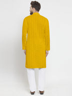 Mustard Yellow Chikankari Lucknowi Jaal Embroidered Kurta with Aligarh Pajama For Men  by Treemoda