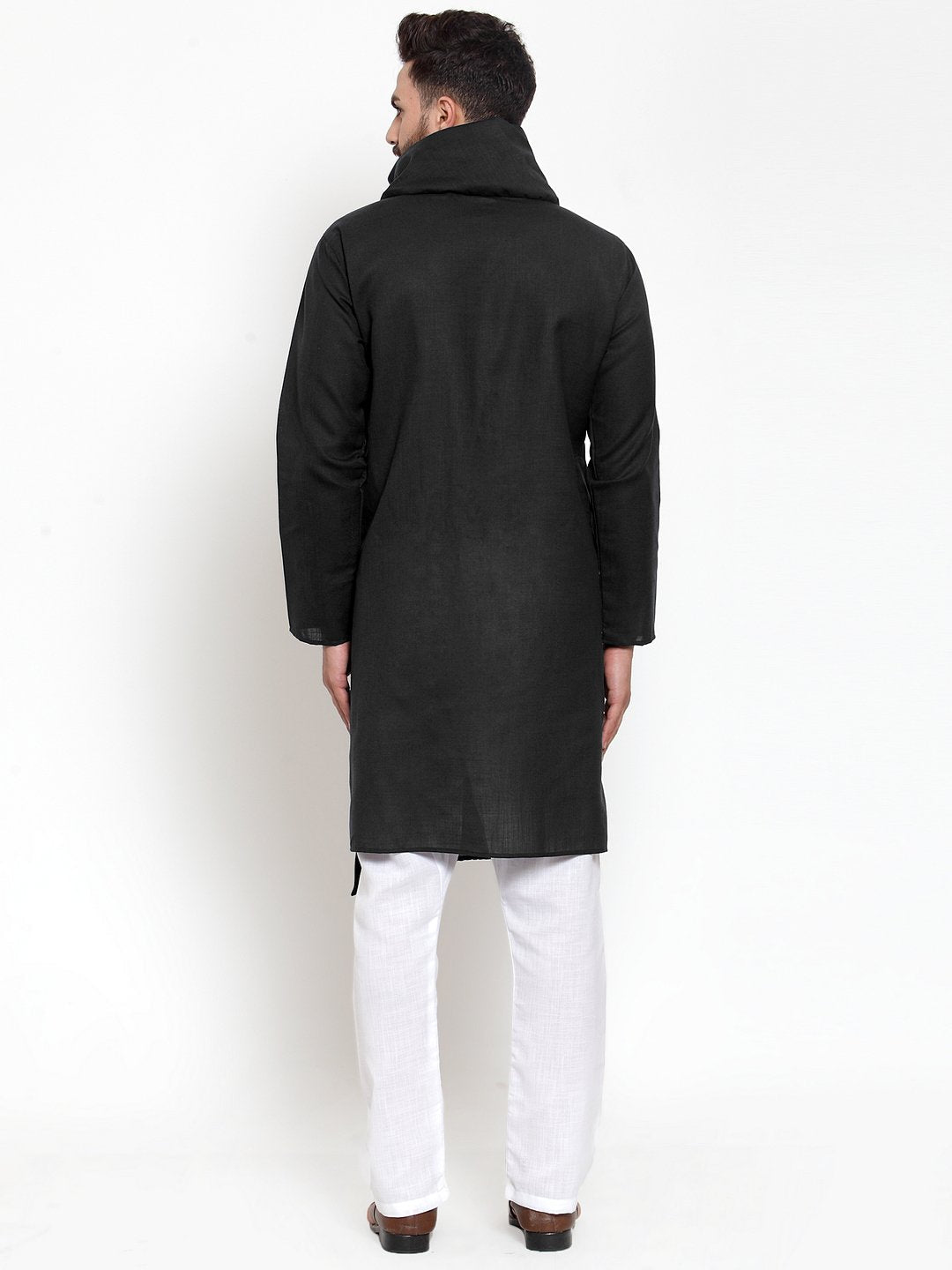 Black Kurta With Aligarh Pajama Set in Linen For Men by Treemoda