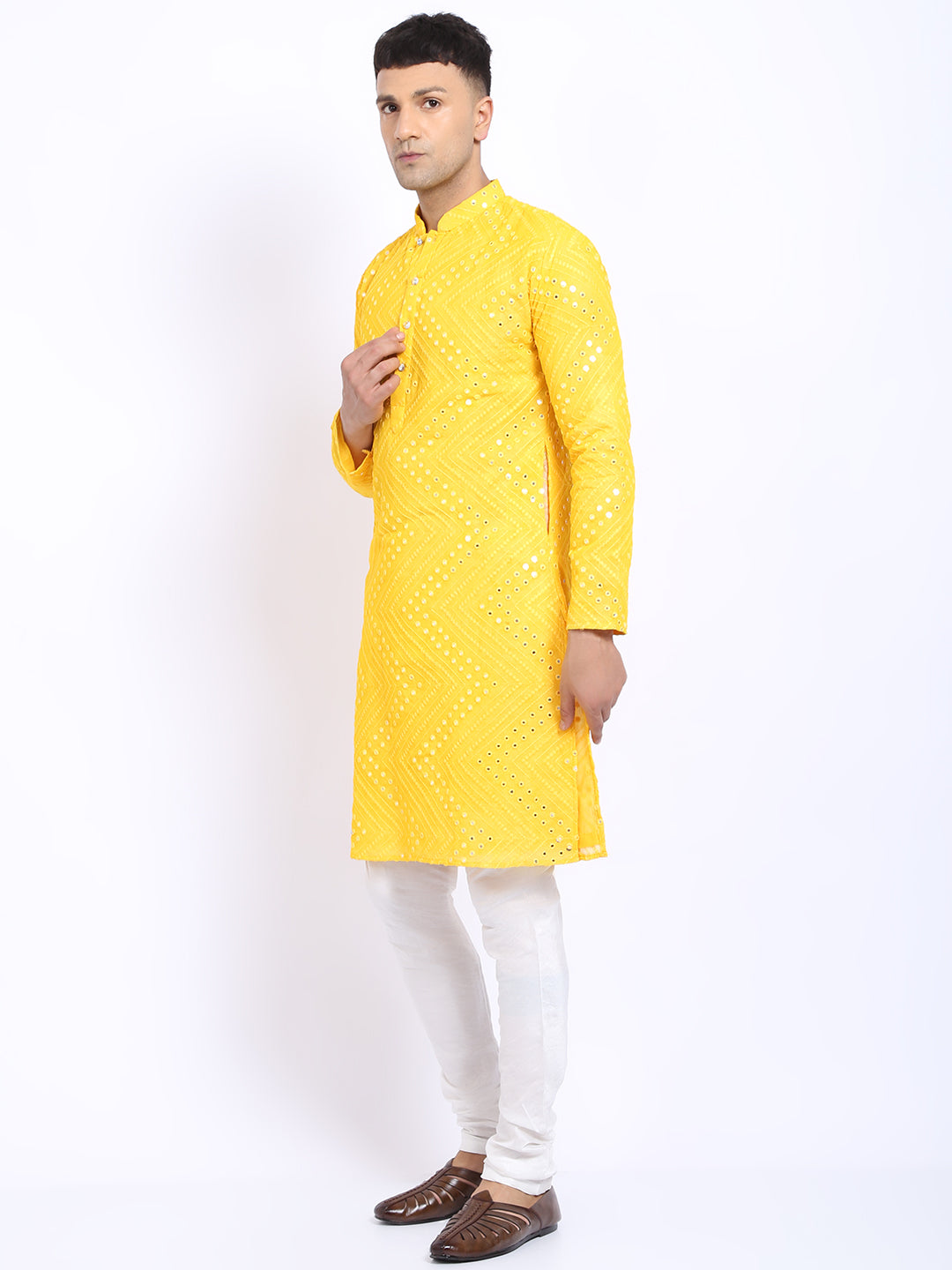Yellow Georgette Mirror Work Embroidered Kurta with Churidar Pajama by Treemoda