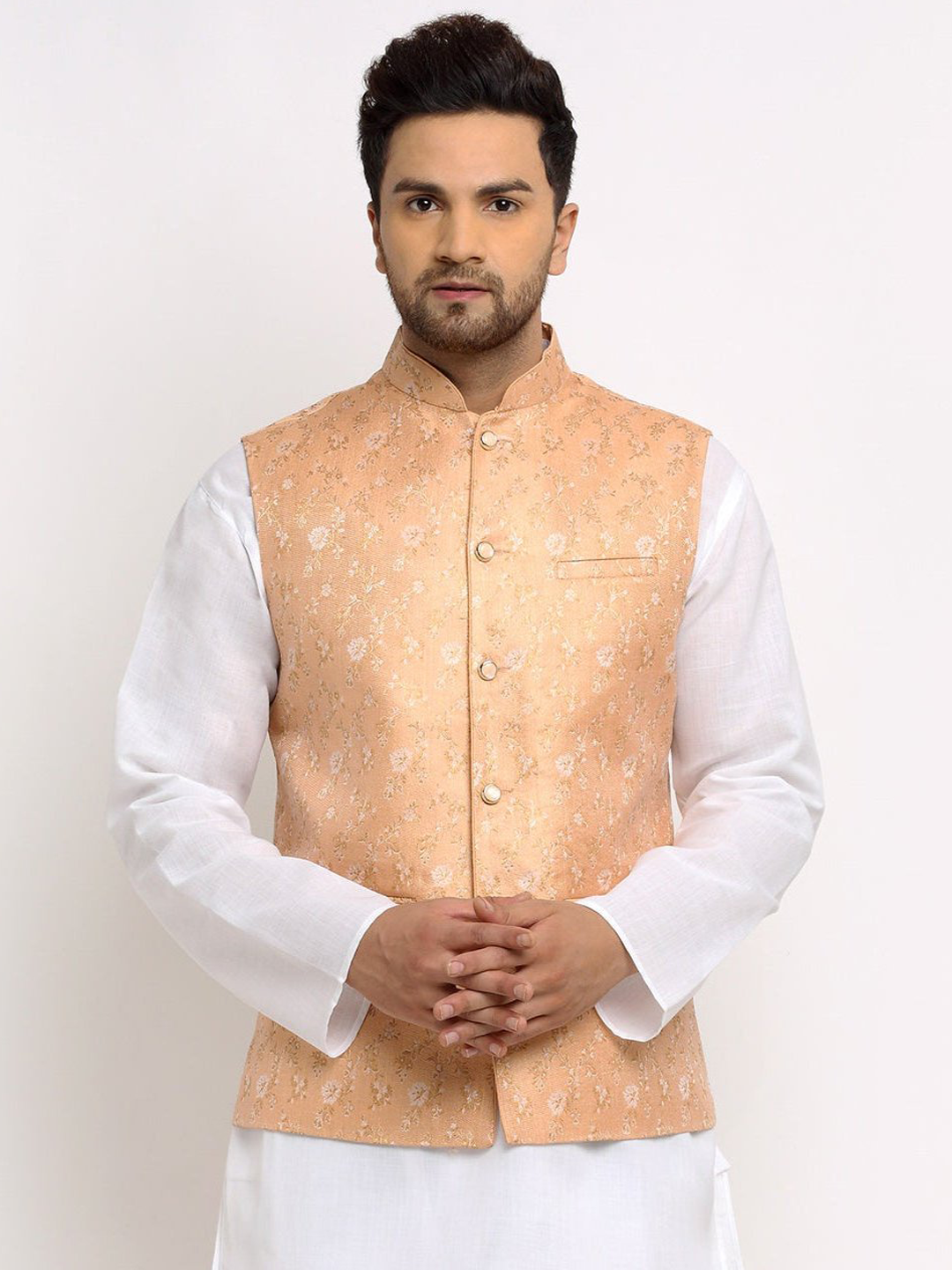 New Designer Men Peach Brocade Nehru Jacket With Golden Work By Treemoda