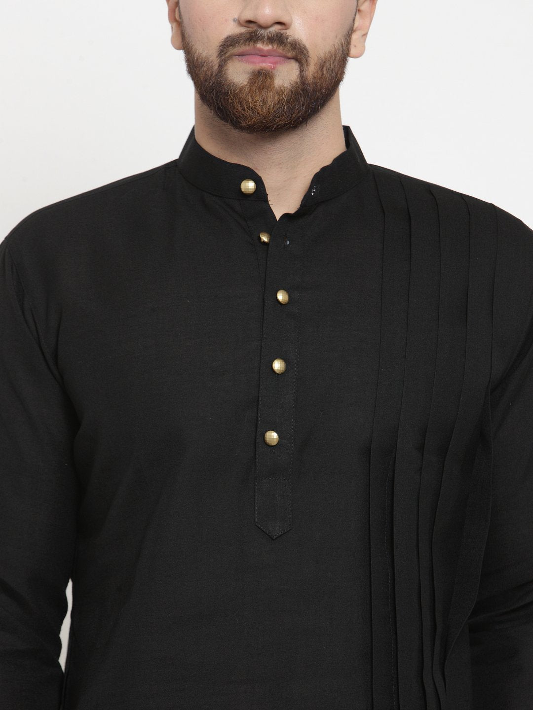 Black Kurta With Churidar Pajama Set in Linen For Men by Treemoda