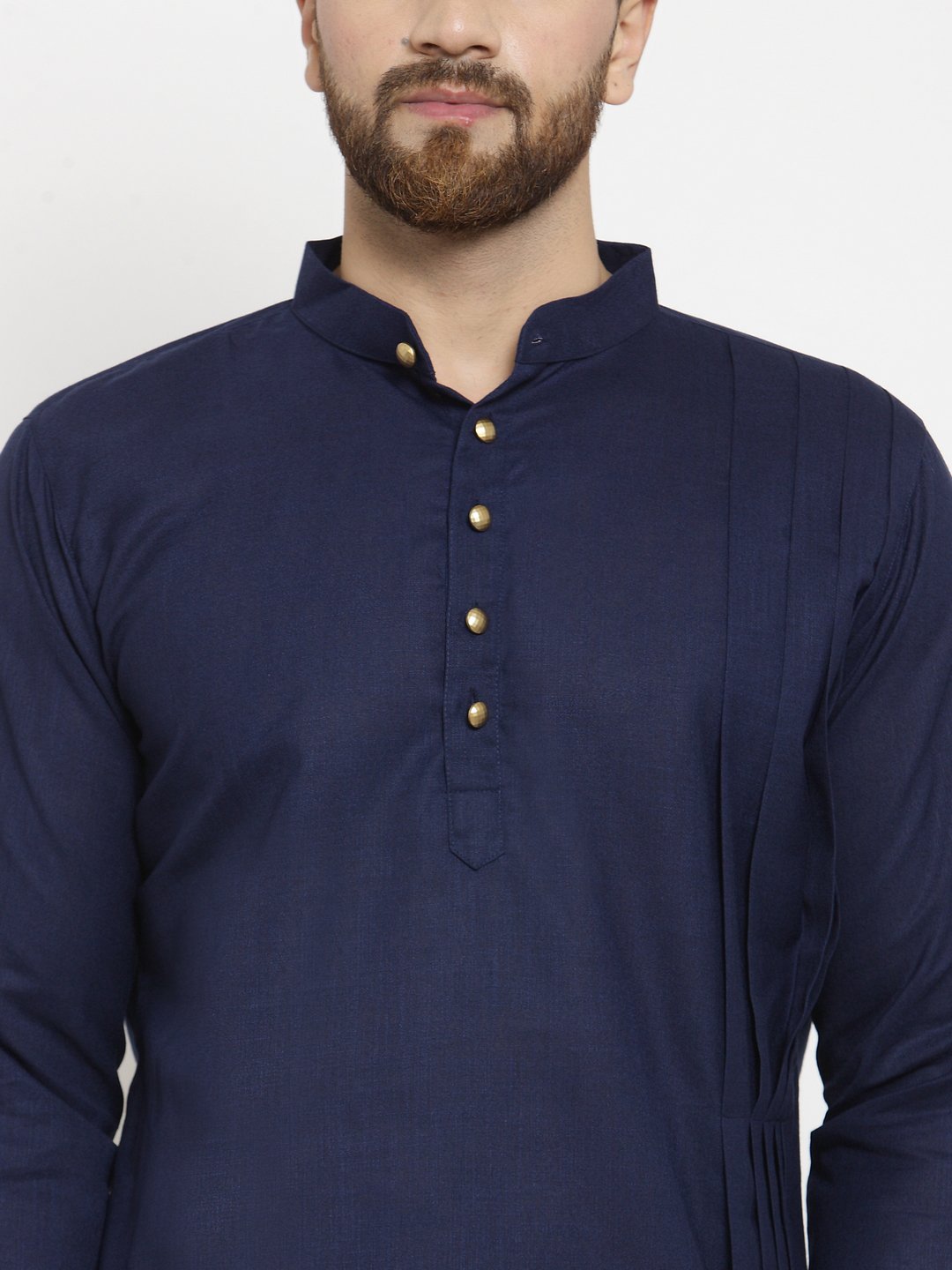 Navy Blue Kurta With Churidar Pajama Set in Linen For Men by Treemoda