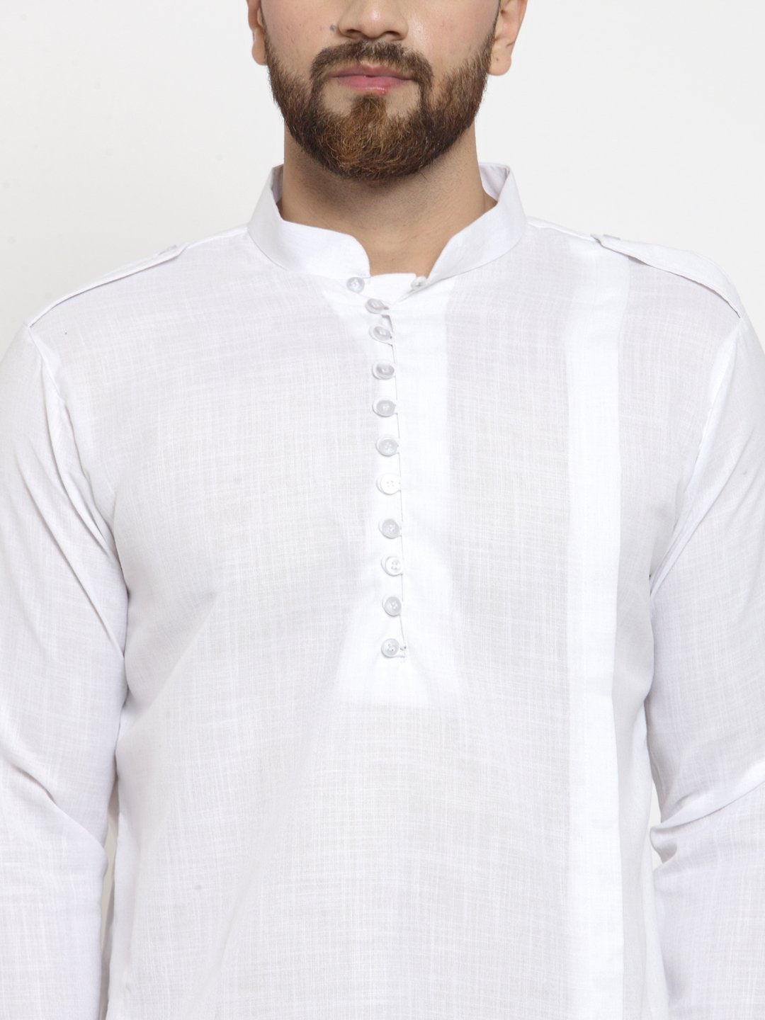 White Kurta with Churidar Pajama Set in Linen For Men by Treemoda