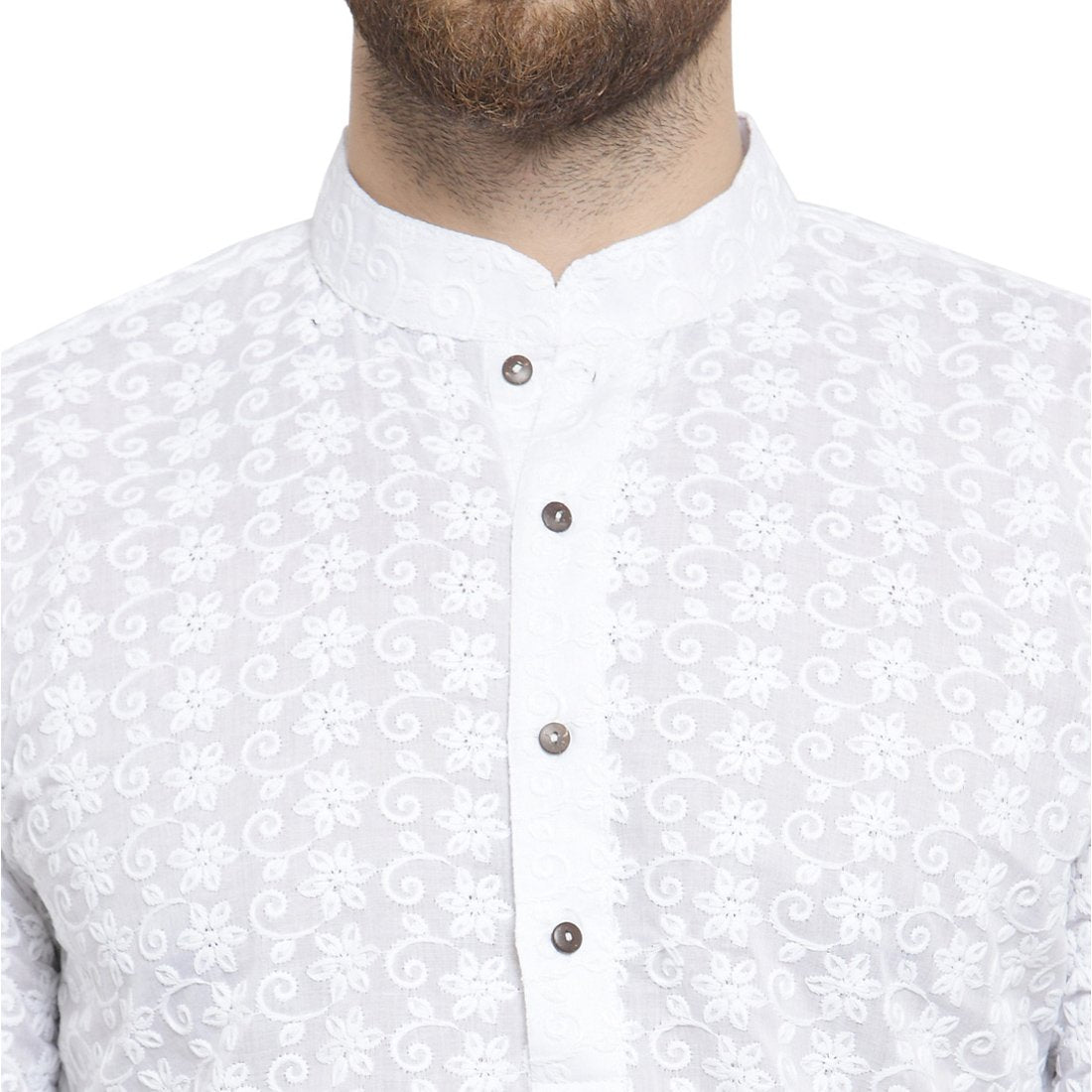 White Cotton Chikankari Lucknowi Jaal Embroidered Kurta By Treemoda
